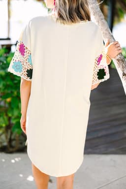 image-White Floral Crochet Splicing Sleeve T Shirt Dress