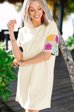 image-White Floral Crochet Splicing Sleeve T Shirt Dress