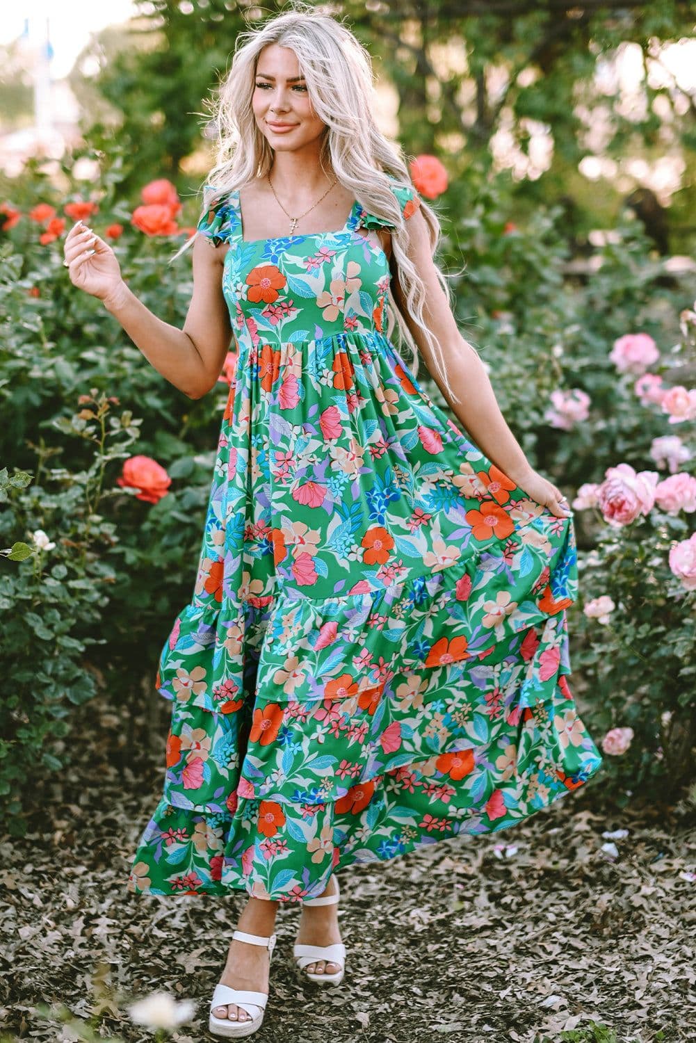 image-Green Floral Print Sleeveless Ruffle Tiered Maxi Dress
