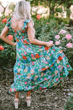 image-Green Floral Print Sleeveless Ruffle Tiered Maxi Dress