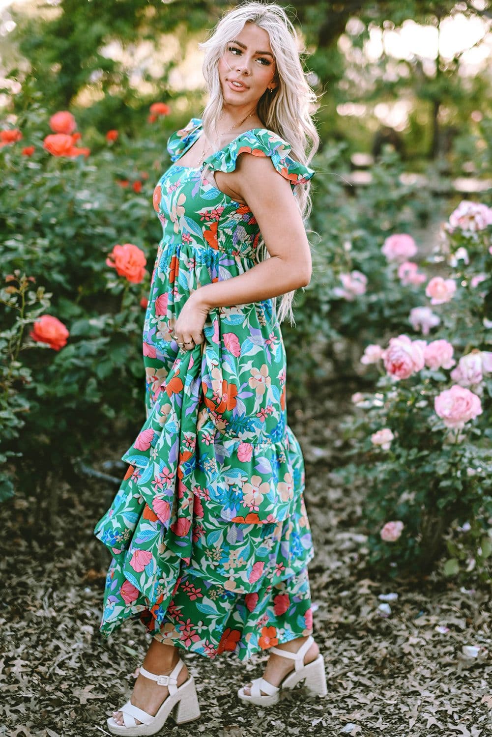 image-Green Floral Print Sleeveless Ruffle Tiered Maxi Dress