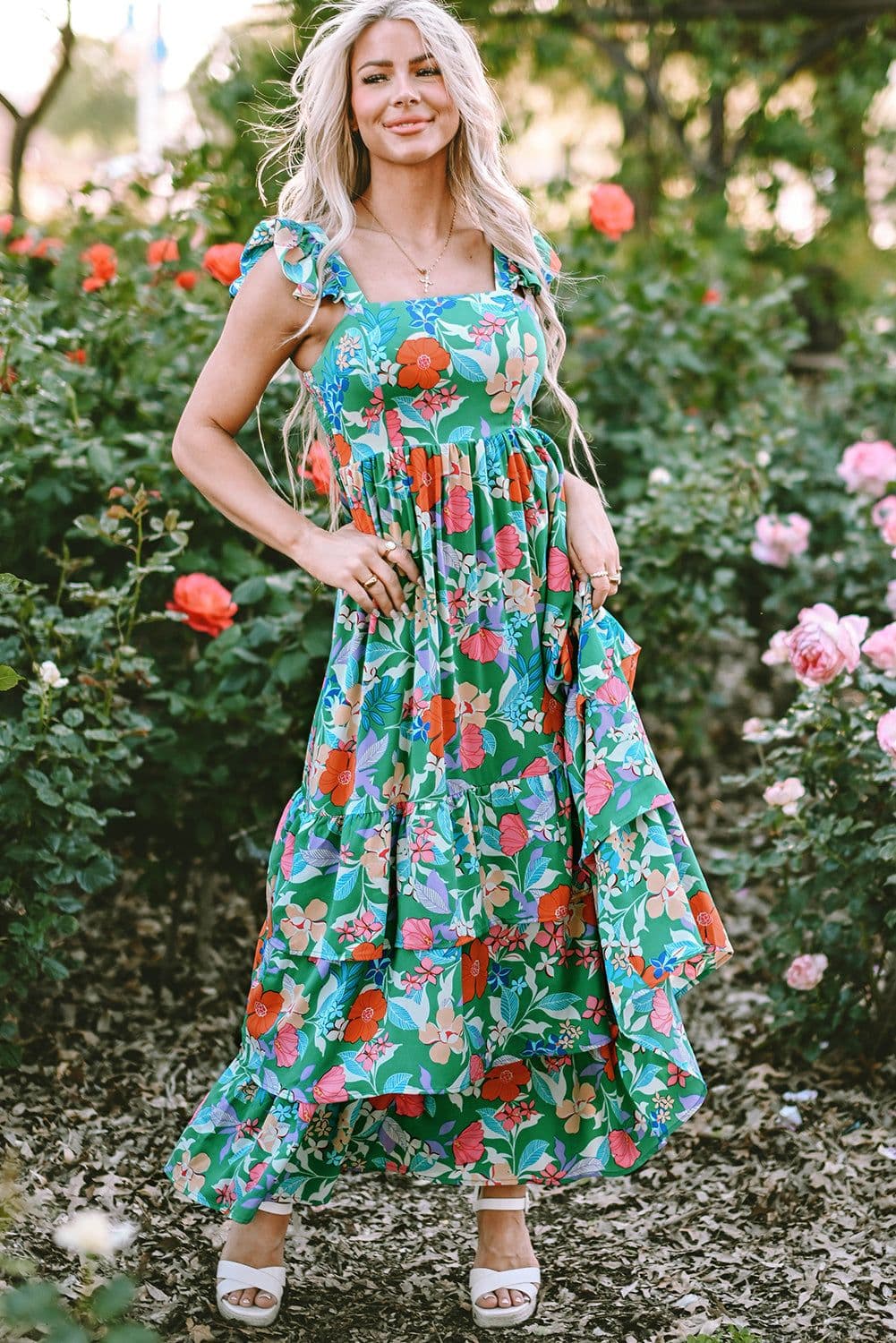image-Green Floral Print Sleeveless Ruffle Tiered Maxi Dress