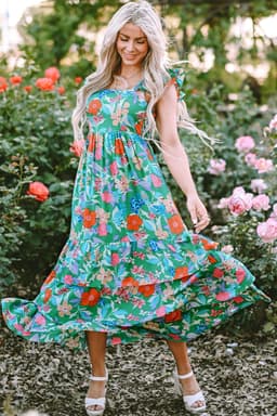 image-Green Floral Print Sleeveless Ruffle Tiered Maxi Dress