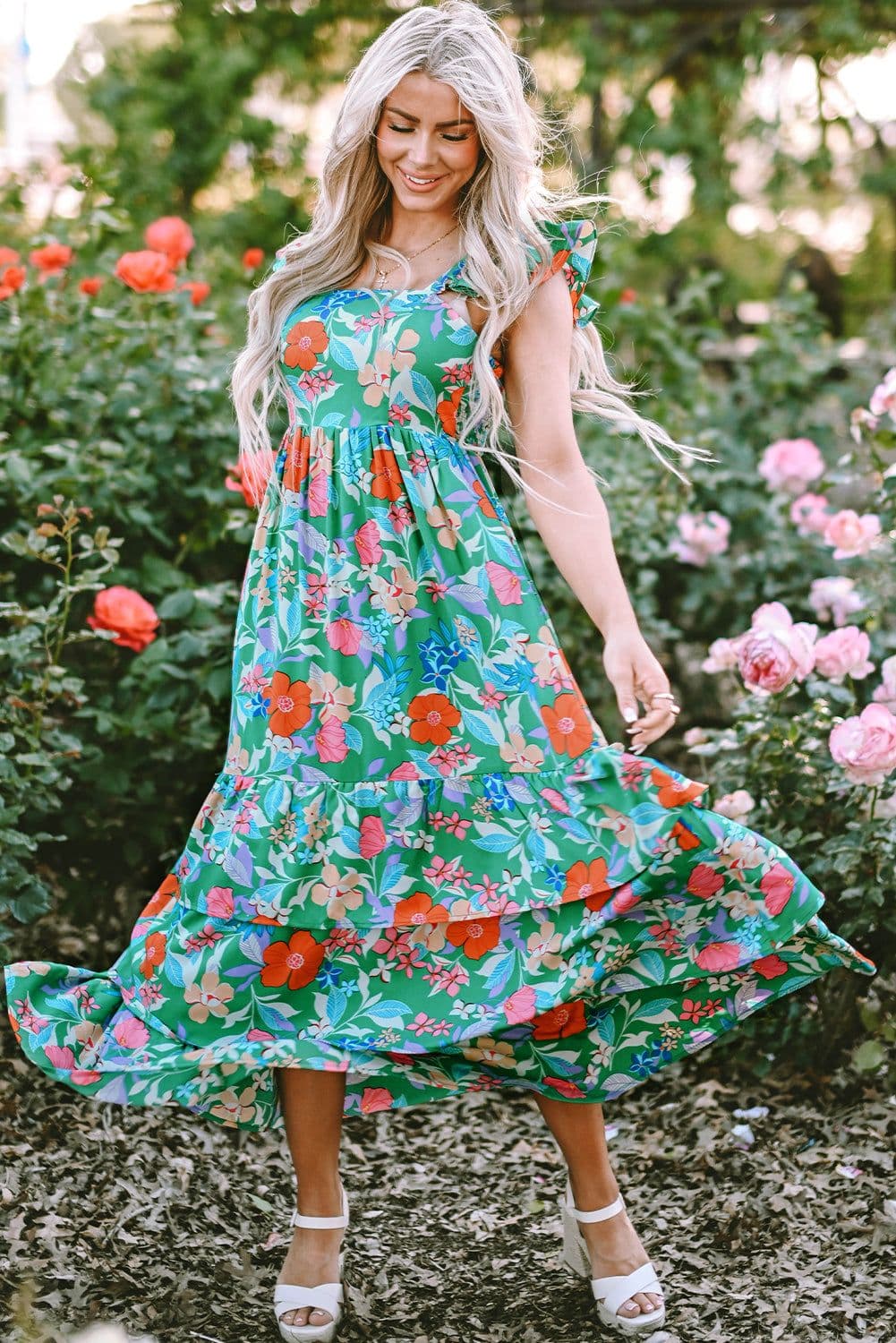 image-Green Floral Print Sleeveless Ruffle Tiered Maxi Dress
