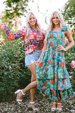 image-Green Floral Print Sleeveless Ruffle Tiered Maxi Dress