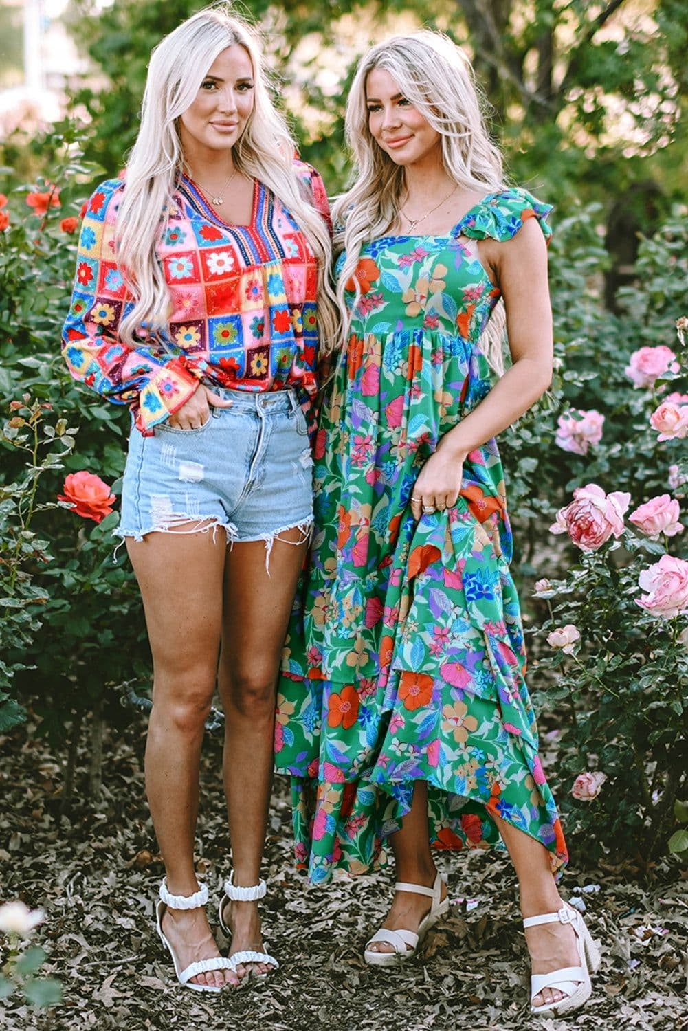 image-Green Floral Print Sleeveless Ruffle Tiered Maxi Dress