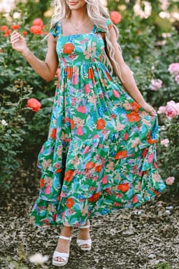 image-Green Floral Print Sleeveless Ruffle Tiered Maxi Dress