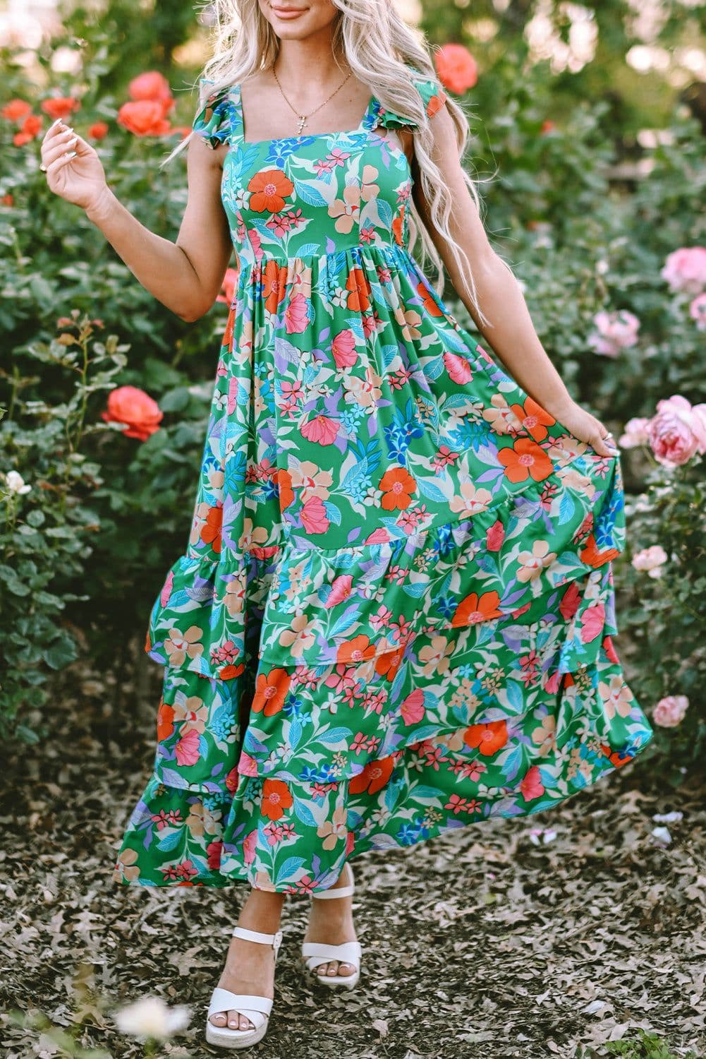 image-Green Floral Print Sleeveless Ruffle Tiered Maxi Dress