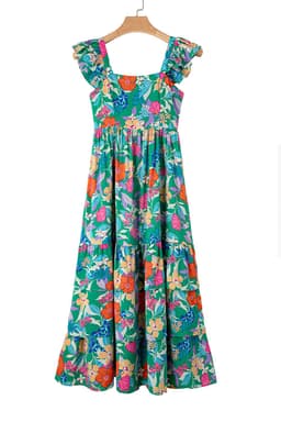 image-Green Floral Print Sleeveless Ruffle Tiered Maxi Dress