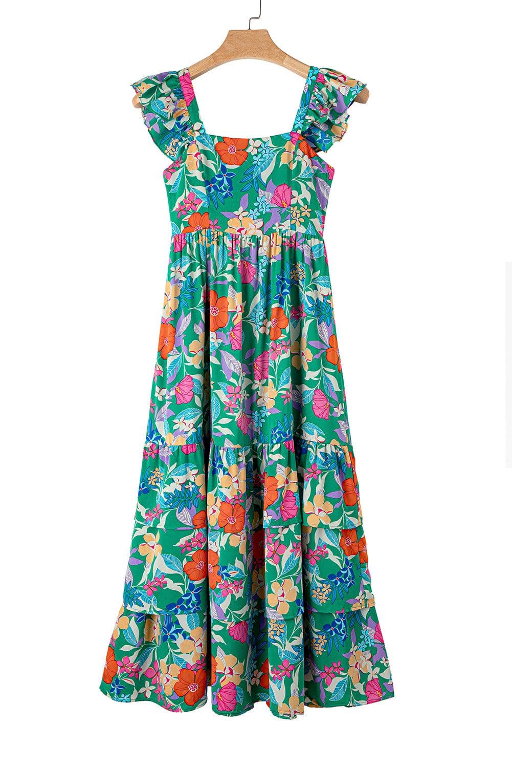 image-Green Floral Print Sleeveless Ruffle Tiered Maxi Dress