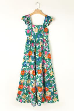 image-Green Floral Print Sleeveless Ruffle Tiered Maxi Dress