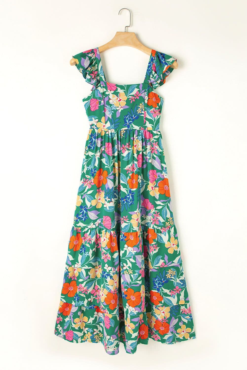 image-Green Floral Print Sleeveless Ruffle Tiered Maxi Dress
