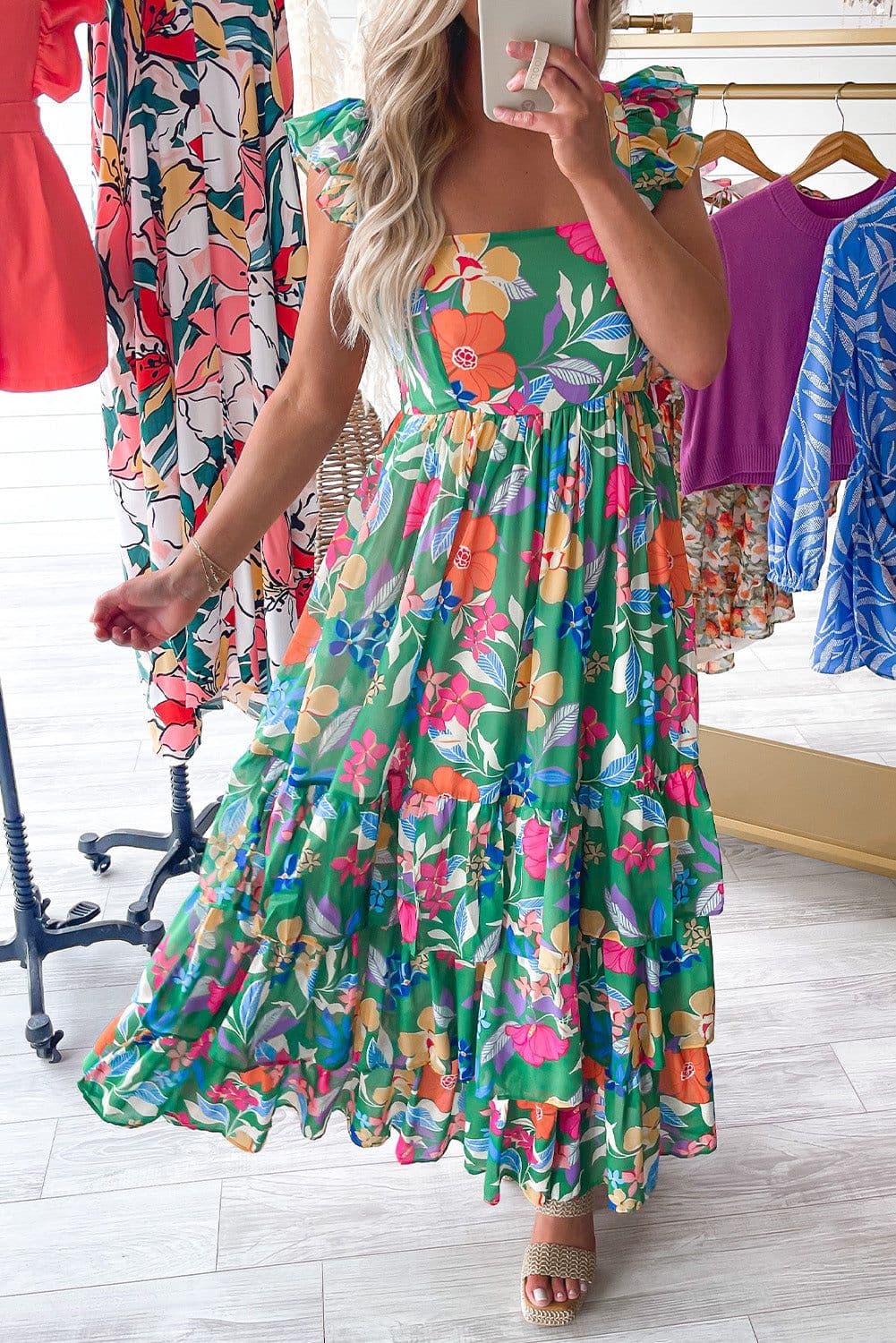 image-Green Floral Print Sleeveless Ruffle Tiered Maxi Dress