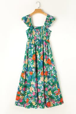 image-Green Floral Print Sleeveless Ruffle Tiered Maxi Dress