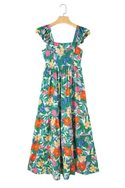 image-Green Floral Print Sleeveless Ruffle Tiered Maxi Dress