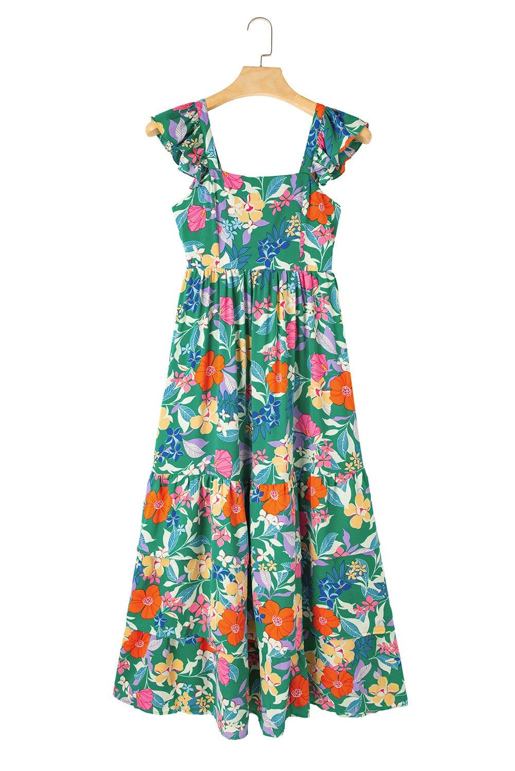image-Green Floral Print Sleeveless Ruffle Tiered Maxi Dress
