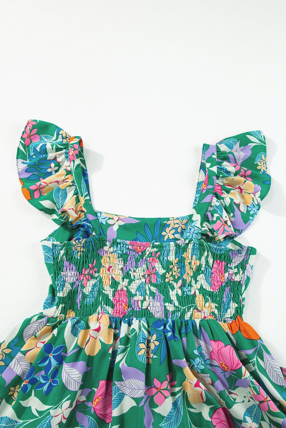 image-Green Floral Print Sleeveless Ruffle Tiered Maxi Dress