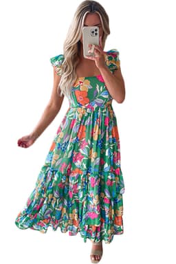 image-Green Floral Print Sleeveless Ruffle Tiered Maxi Dress