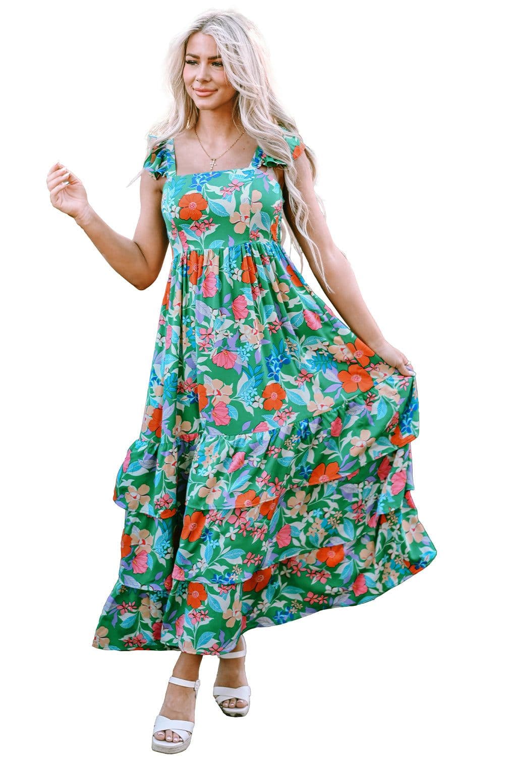 image-Green Floral Print Sleeveless Ruffle Tiered Maxi Dress