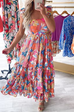 image-Green Floral Print Sleeveless Ruffle Tiered Maxi Dress