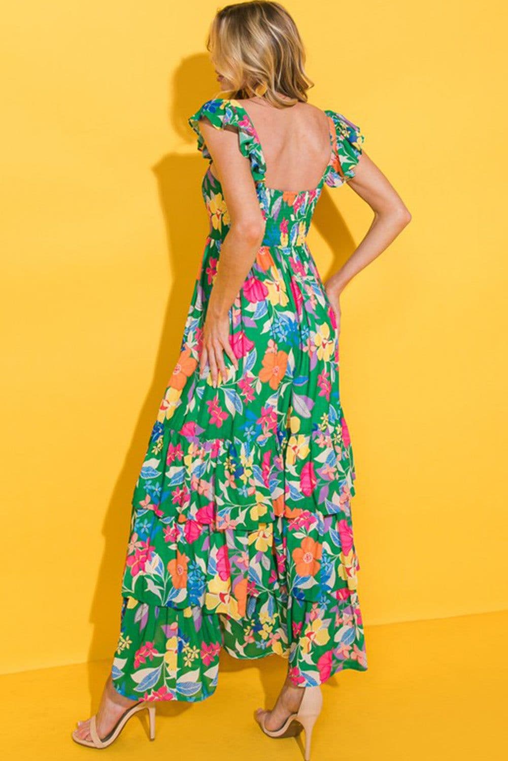 image-Green Floral Print Sleeveless Ruffle Tiered Maxi Dress