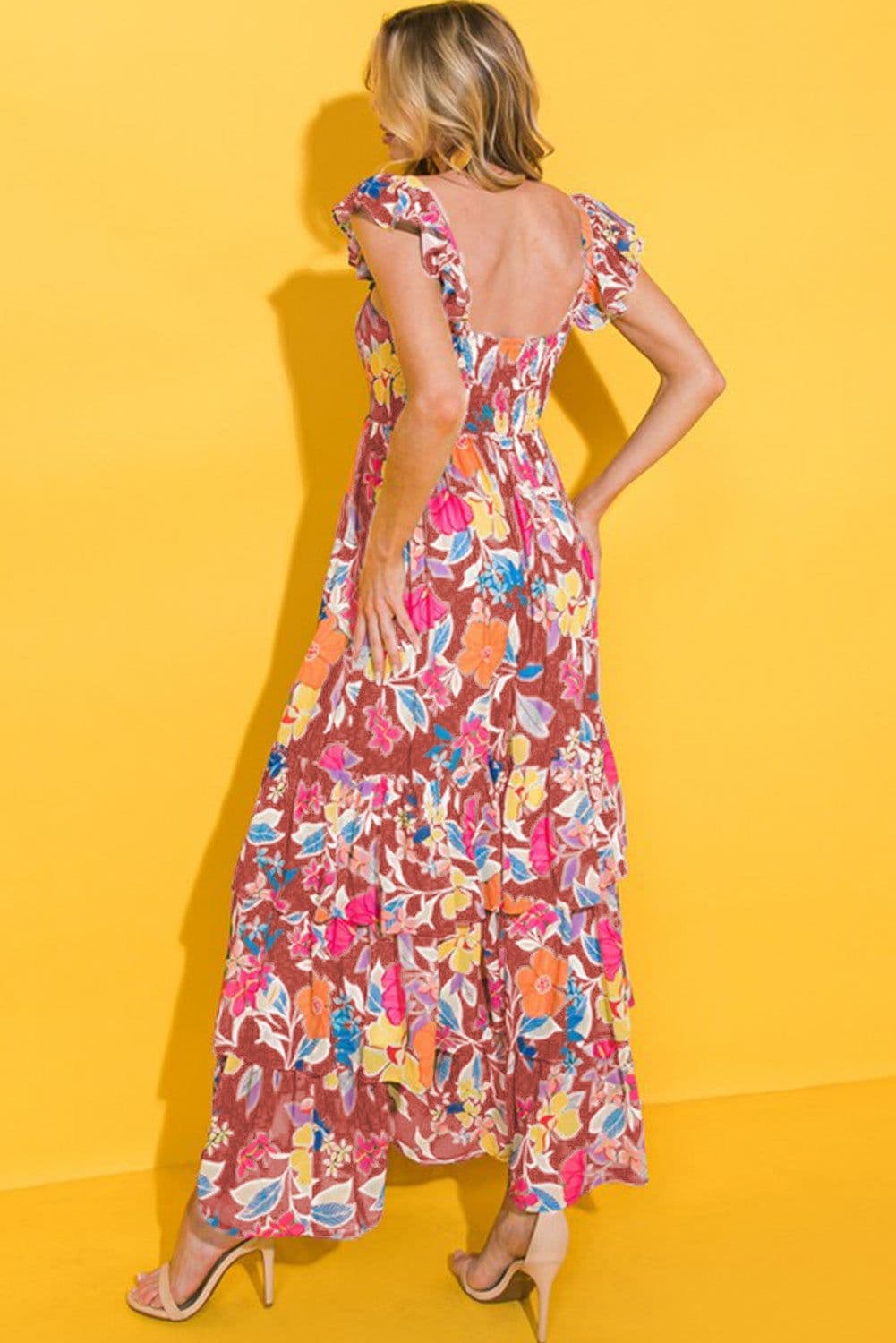 image-Green Floral Print Sleeveless Ruffle Tiered Maxi Dress