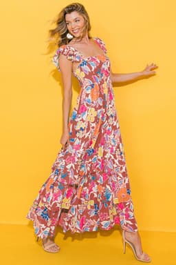 image-Green Floral Print Sleeveless Ruffle Tiered Maxi Dress
