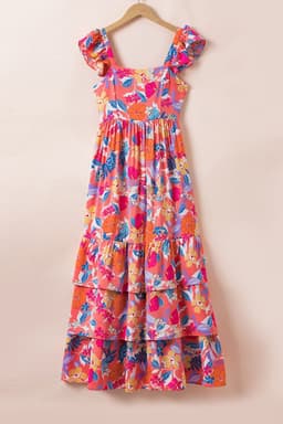 image-Green Floral Print Sleeveless Ruffle Tiered Maxi Dress