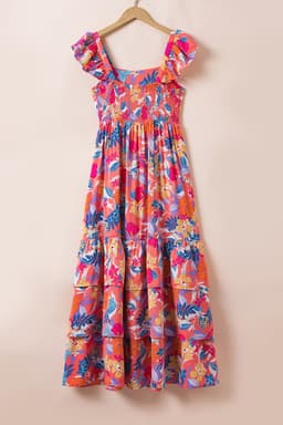 image-Green Floral Print Sleeveless Ruffle Tiered Maxi Dress