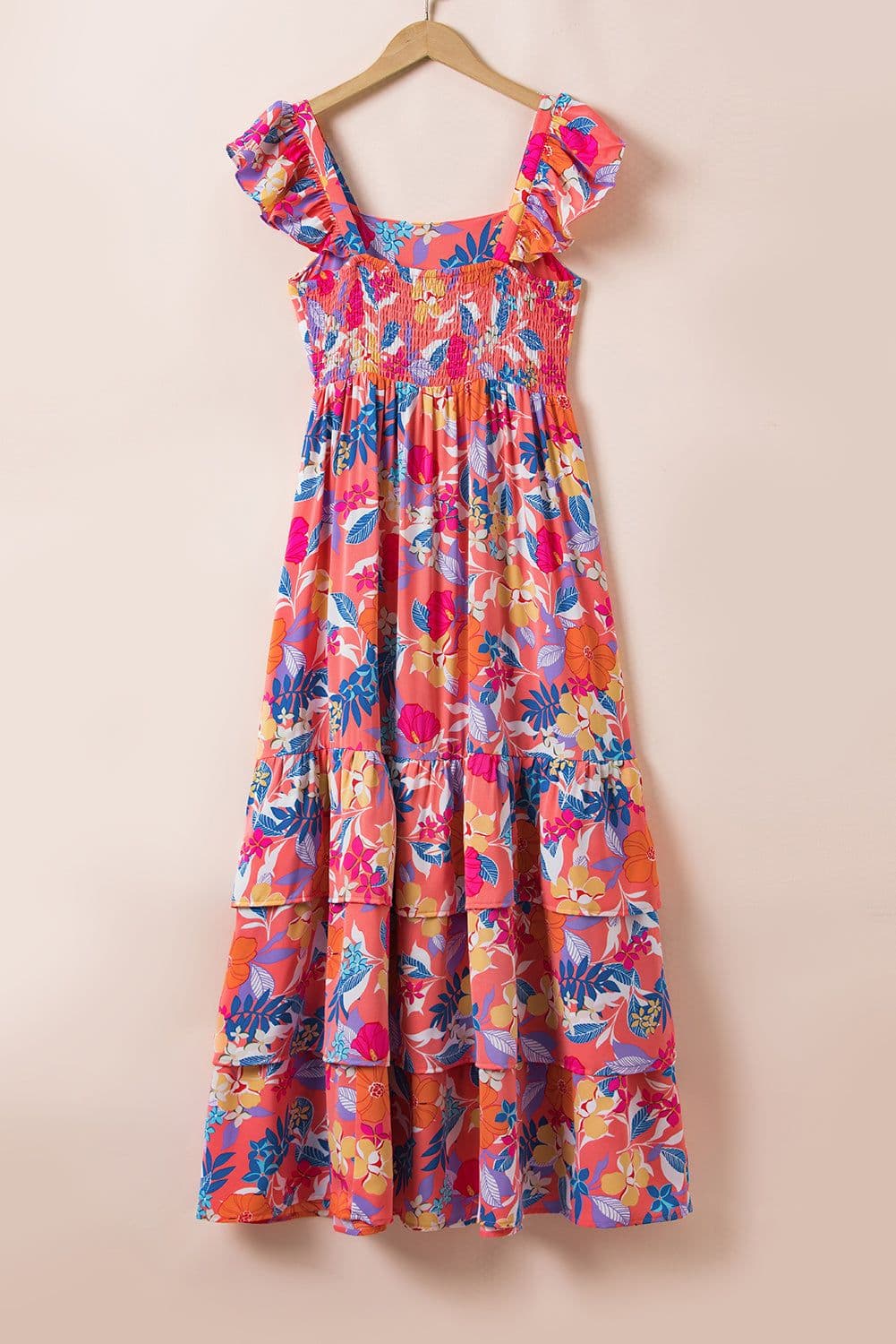 image-Green Floral Print Sleeveless Ruffle Tiered Maxi Dress