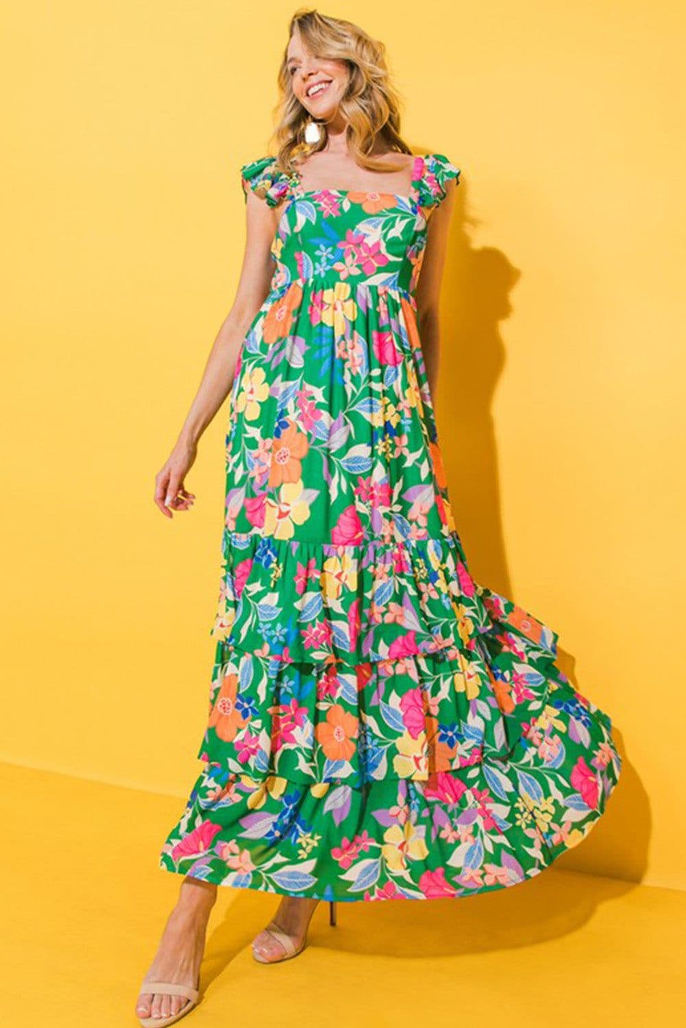 image-Green Floral Print Sleeveless Ruffle Tiered Maxi Dress