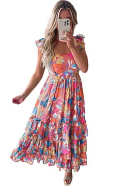 image-Green Floral Print Sleeveless Ruffle Tiered Maxi Dress