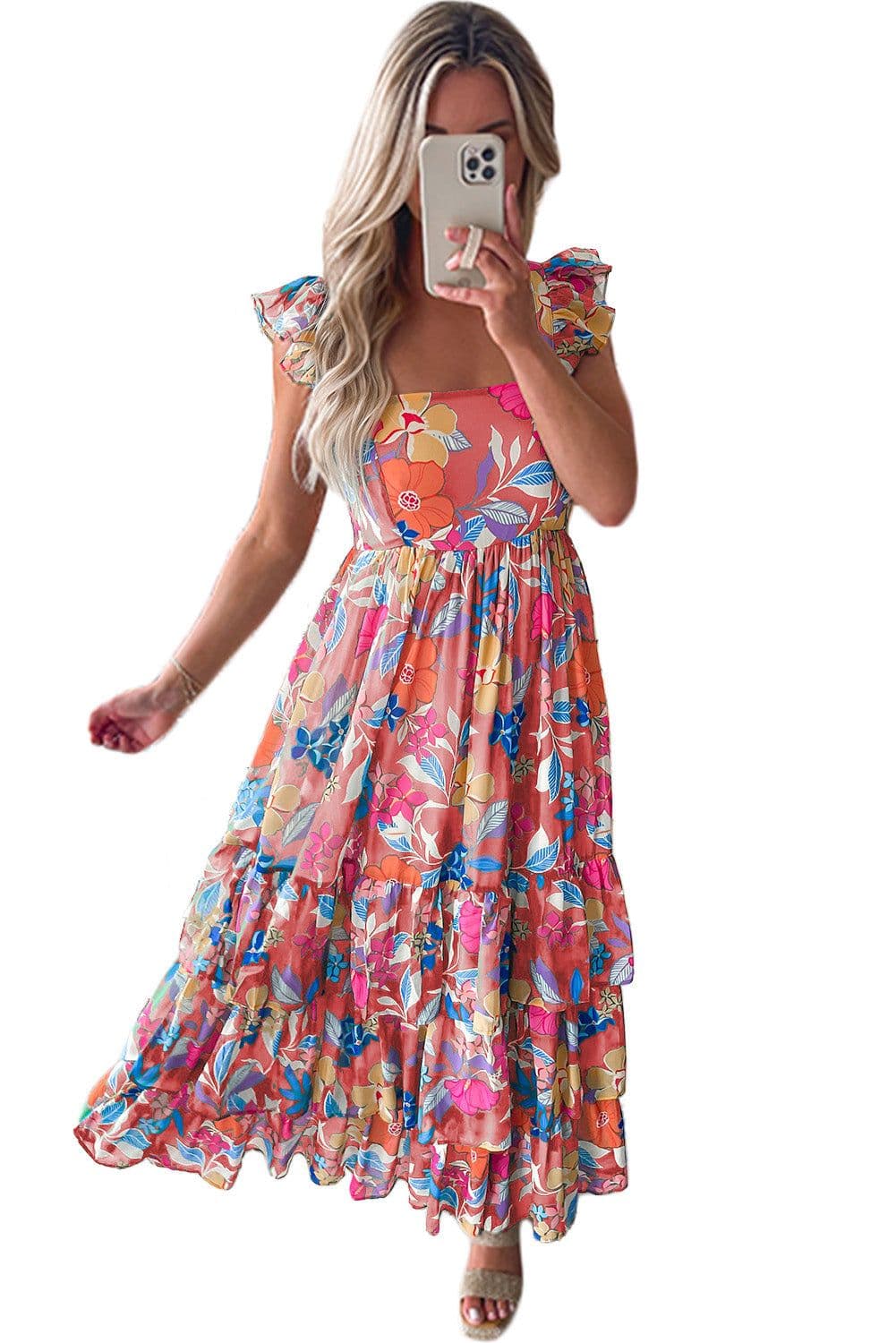 image-Green Floral Print Sleeveless Ruffle Tiered Maxi Dress