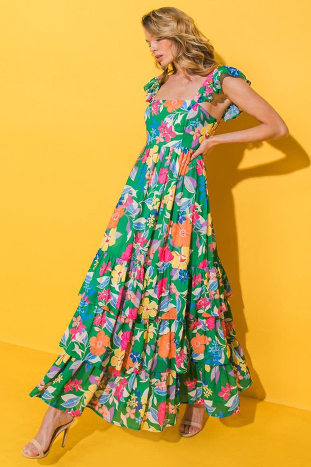 image-Green Floral Print Sleeveless Ruffle Tiered Maxi Dress