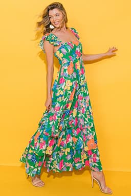 image-Green Floral Print Sleeveless Ruffle Tiered Maxi Dress
