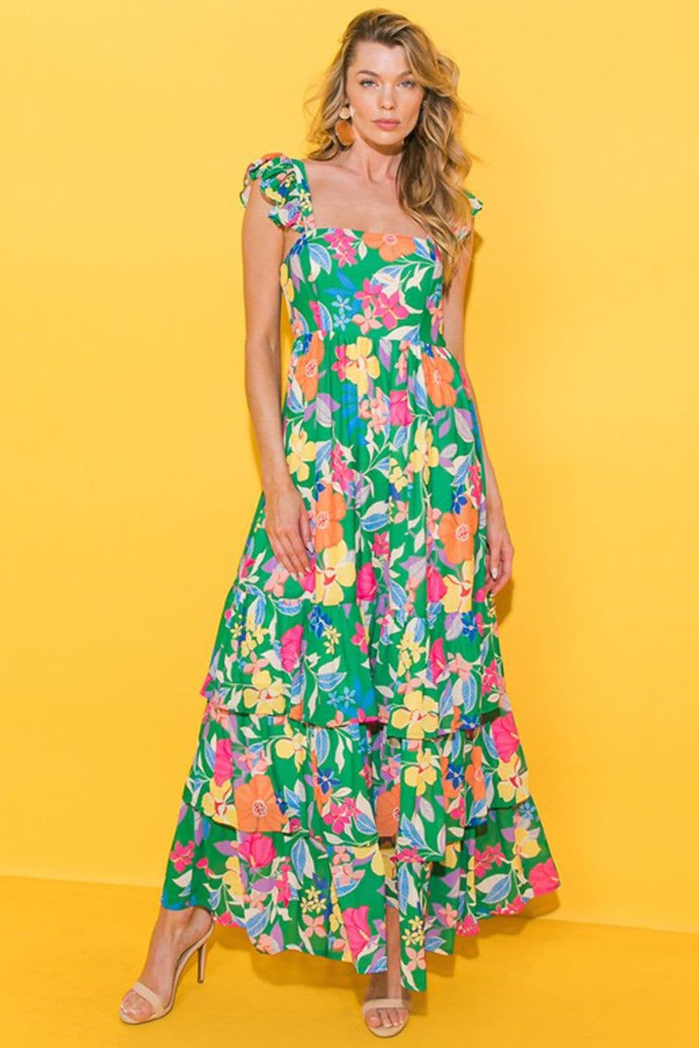 image-Green Floral Print Sleeveless Ruffle Tiered Maxi Dress