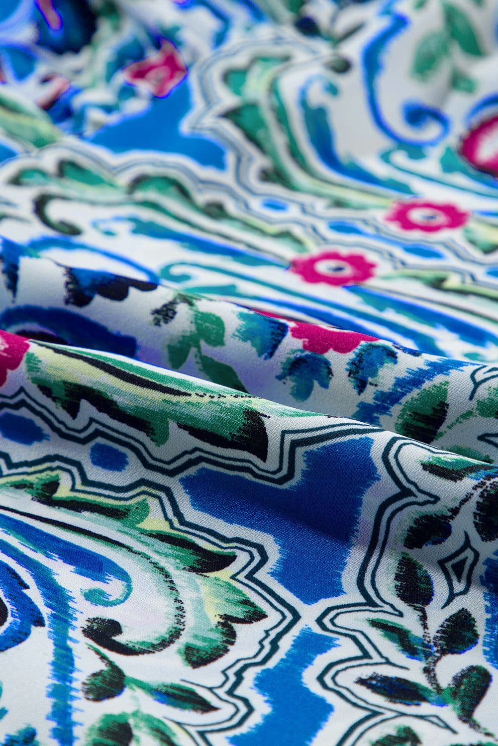 image-Sky Blue Bohemian Print Tie Neck Ruffle Hem Short Dress
