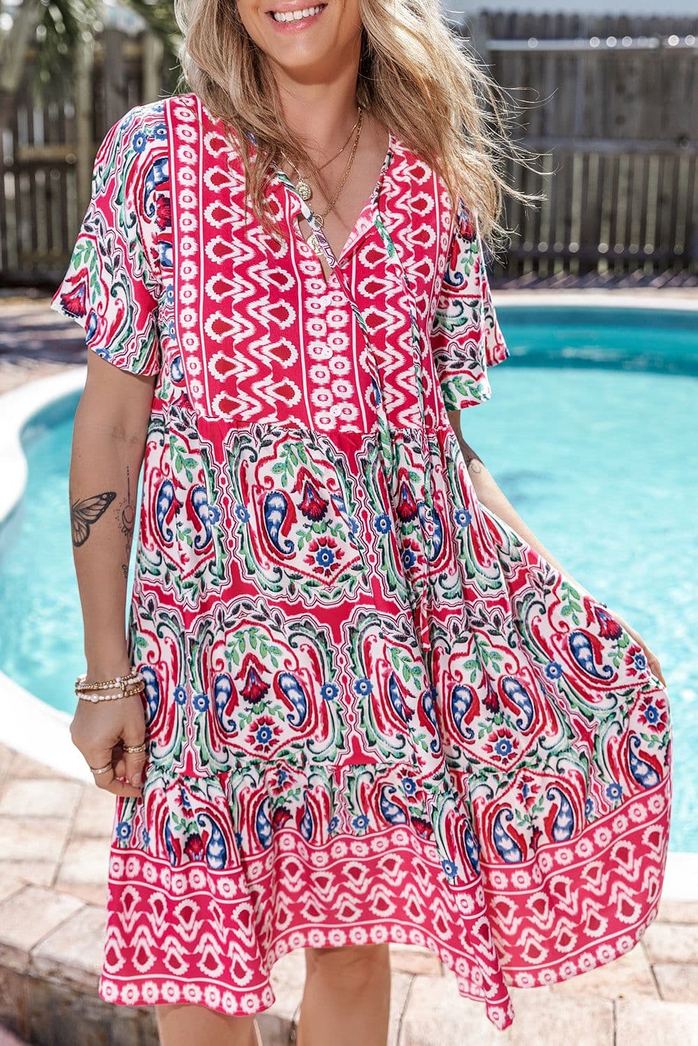 image-Sky Blue Bohemian Print Tie Neck Ruffle Hem Short Dress