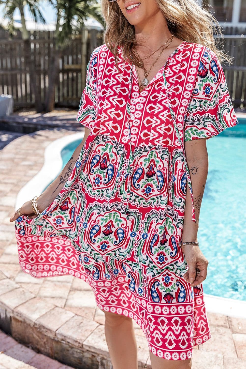 image-Sky Blue Bohemian Print Tie Neck Ruffle Hem Short Dress