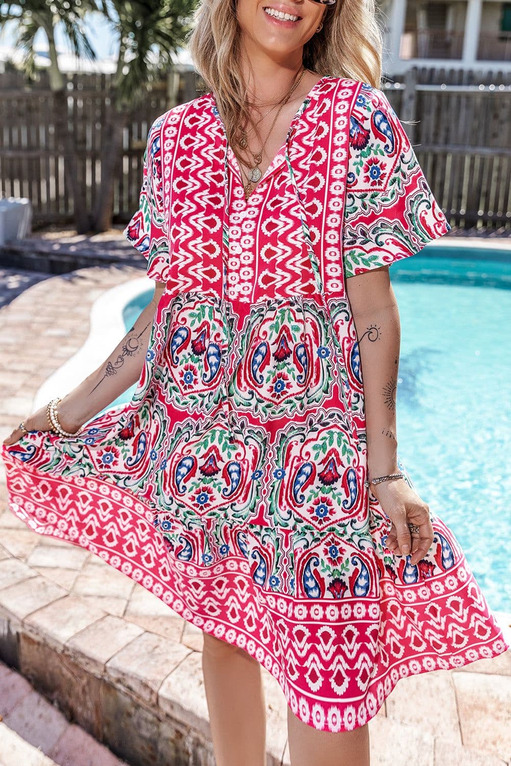 image-Sky Blue Bohemian Print Tie Neck Ruffle Hem Short Dress