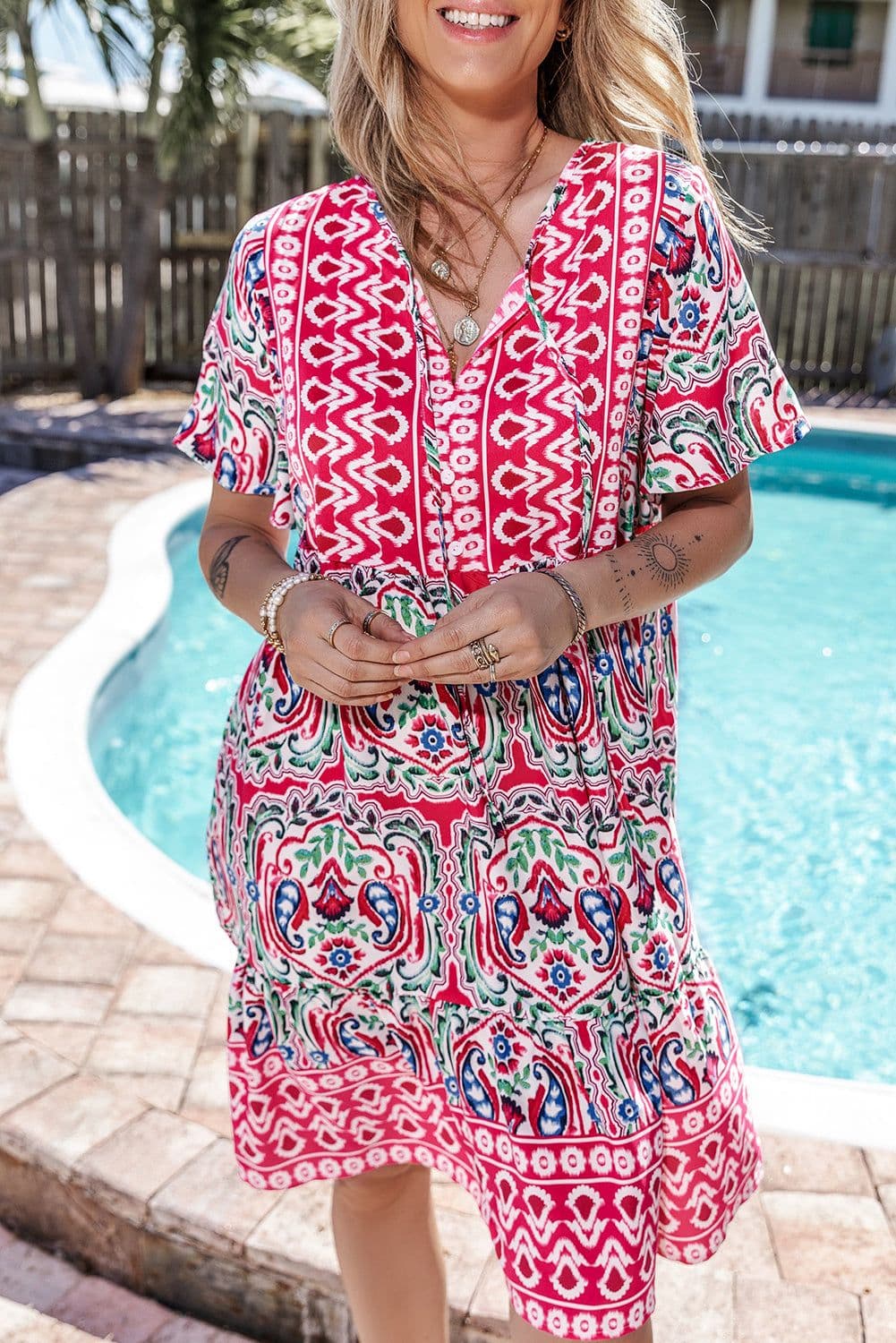image-Sky Blue Bohemian Print Tie Neck Ruffle Hem Short Dress