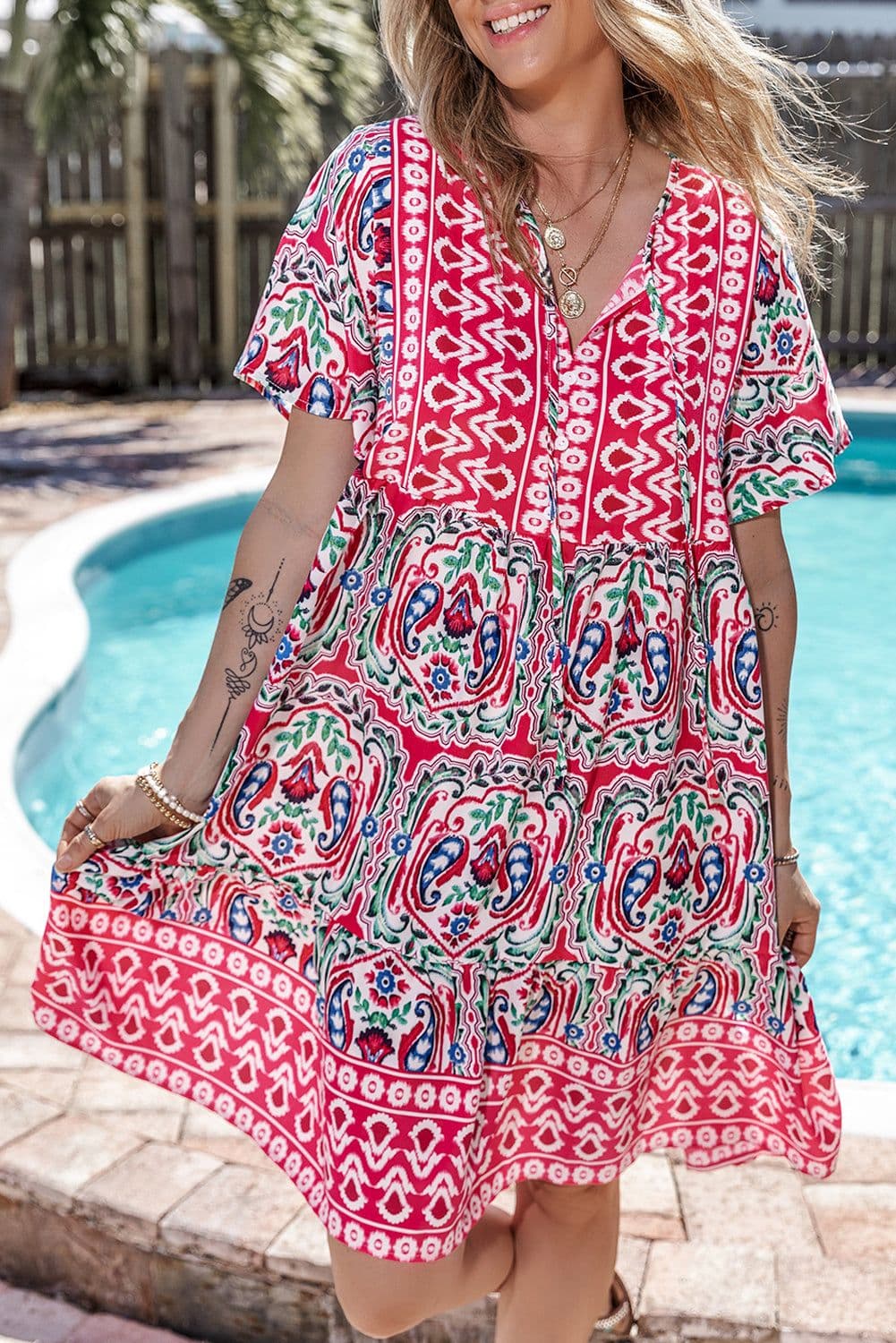 image-Sky Blue Bohemian Print Tie Neck Ruffle Hem Short Dress