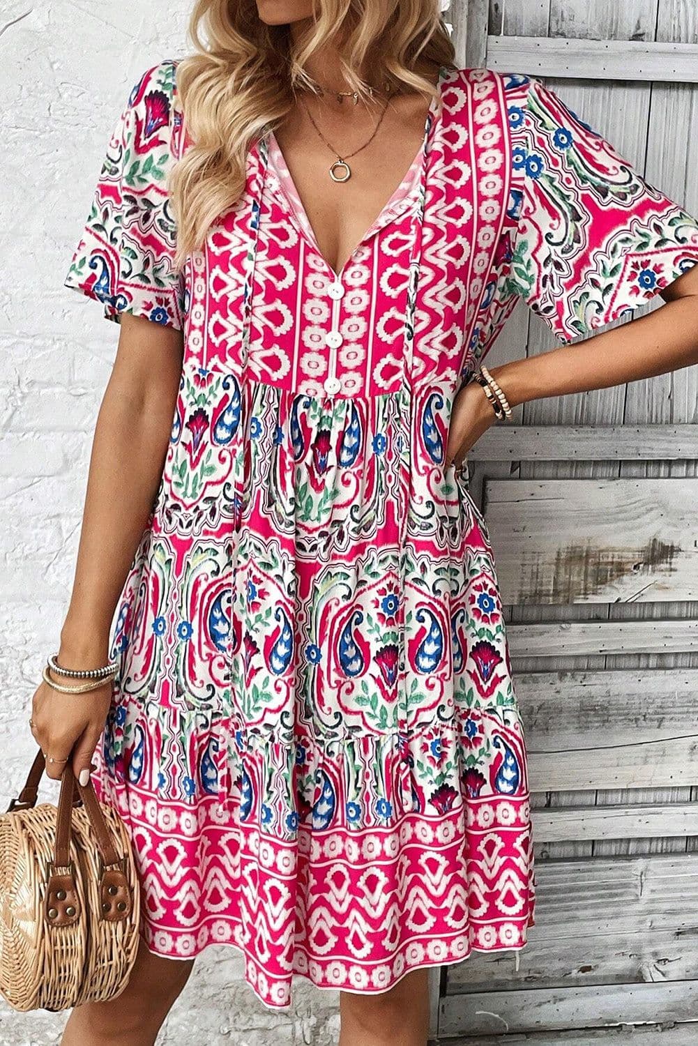 image-Sky Blue Bohemian Print Tie Neck Ruffle Hem Short Dress