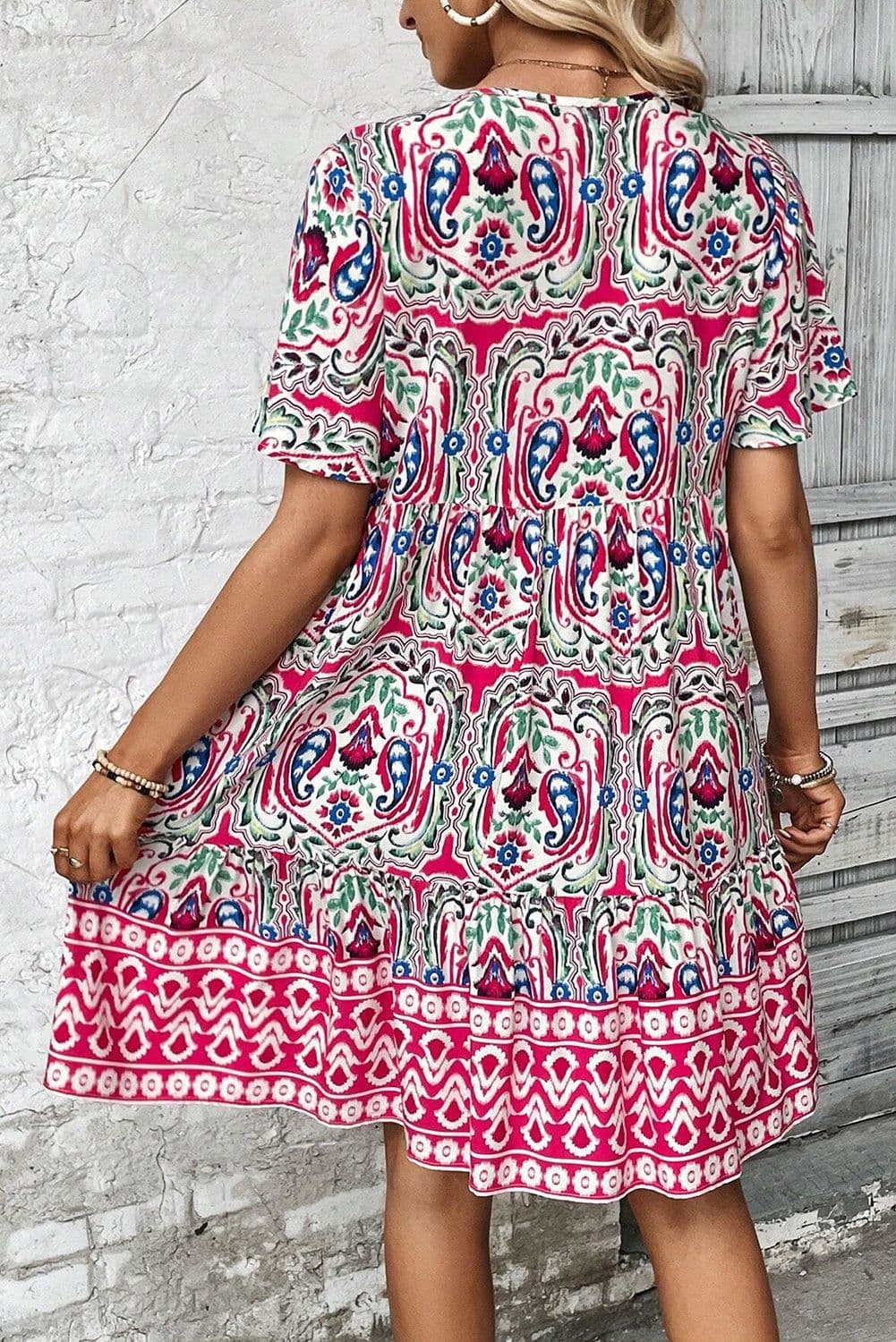 image-Sky Blue Bohemian Print Tie Neck Ruffle Hem Short Dress
