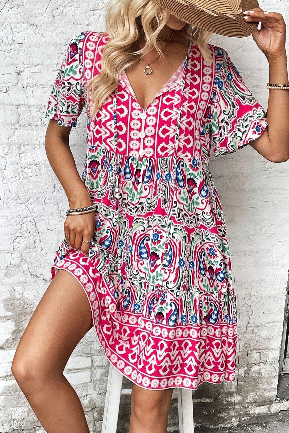 image-Sky Blue Bohemian Print Tie Neck Ruffle Hem Short Dress