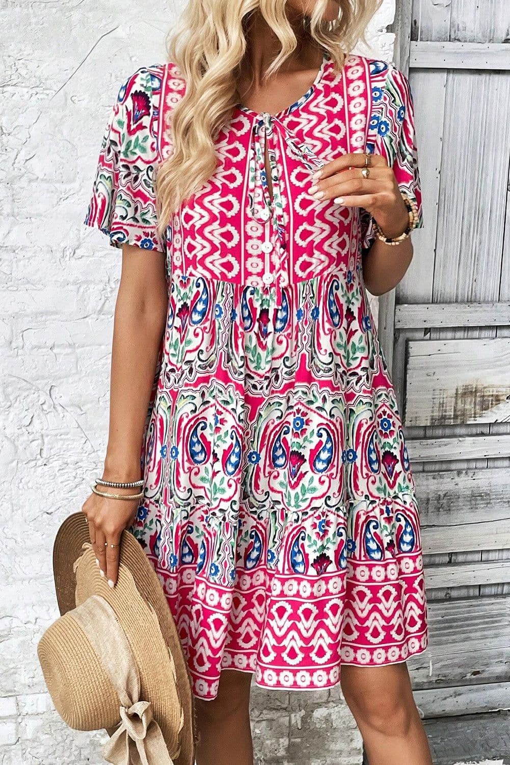 image-Sky Blue Bohemian Print Tie Neck Ruffle Hem Short Dress