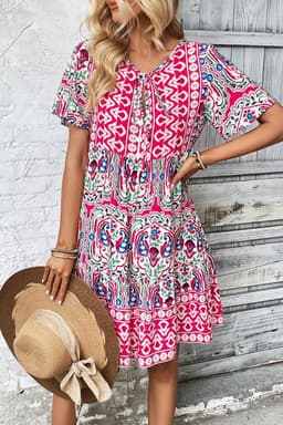 image-Sky Blue Bohemian Print Tie Neck Ruffle Hem Short Dress