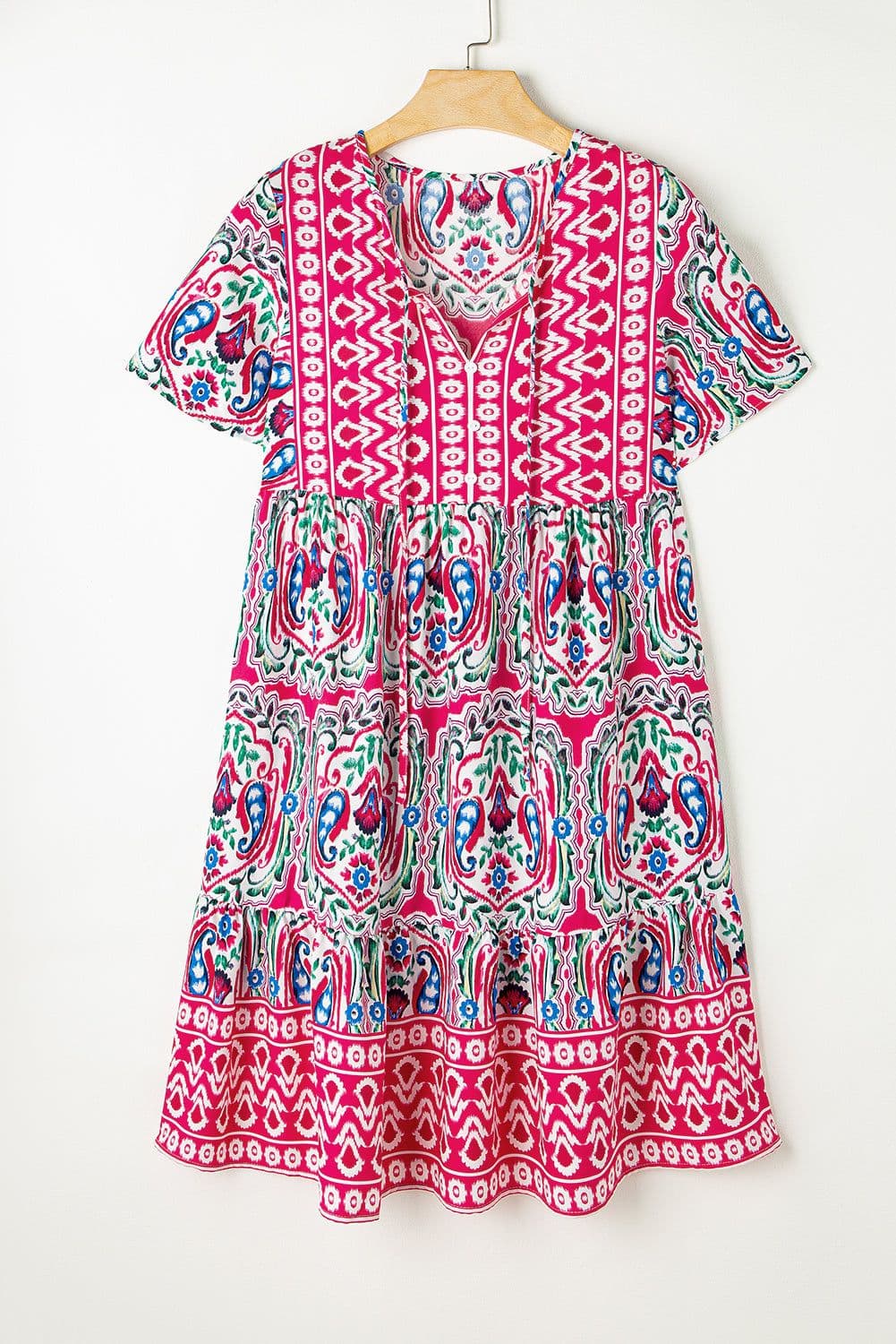 image-Sky Blue Bohemian Print Tie Neck Ruffle Hem Short Dress