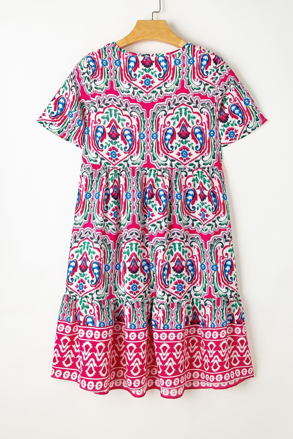 image-Sky Blue Bohemian Print Tie Neck Ruffle Hem Short Dress