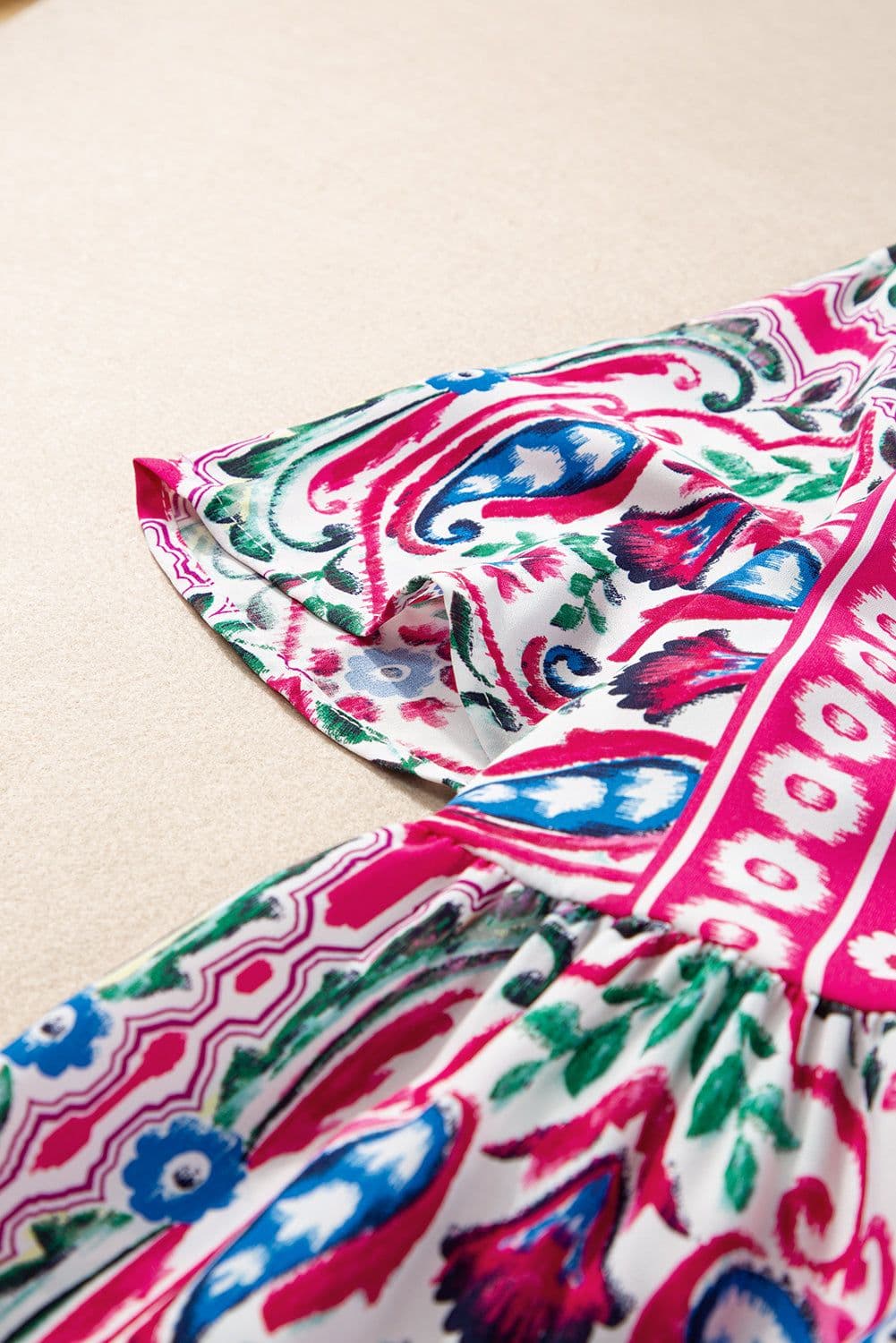 image-Sky Blue Bohemian Print Tie Neck Ruffle Hem Short Dress